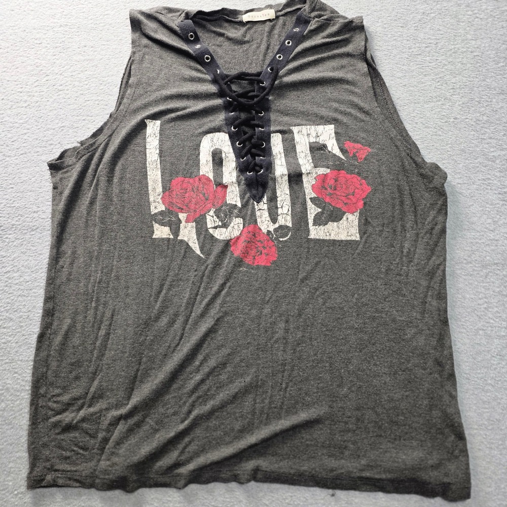 Womens Large Gray Lace Up Tank Top LOVE Rose Graphic Sleeveless Occasion